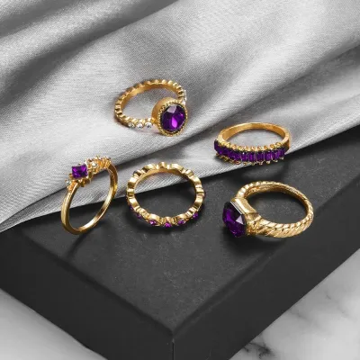 Vintage Purple Crystal Fashion Ring Set (5 pcs)